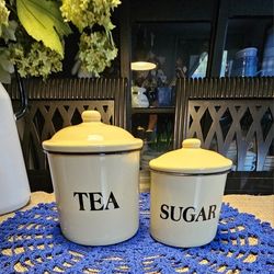 Vintage Enamel Canisters Set Of 2