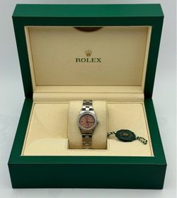 1980s Rolex 24mm Oyster Perpetual Salmon Stick Dial Ladies watch & engine turned Bezel stainless steel oyster Bracelet box tag appraisal