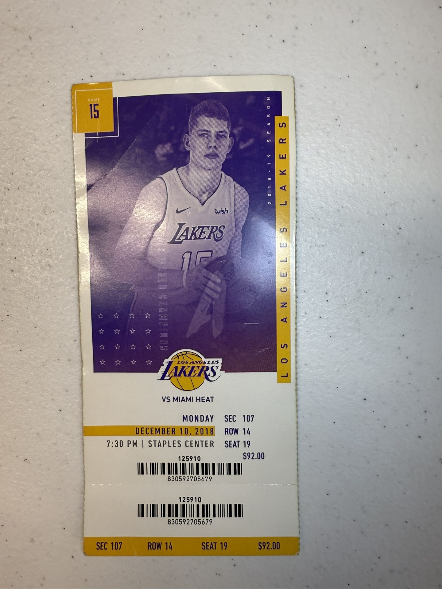 (1) LA Lakers vs Miami Heat 12/10/18 Ticket Stub Section 107 Row 14 Seat 19