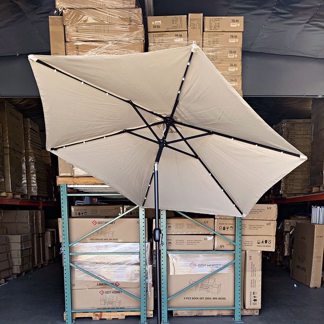 New $65 Solar LED 9ft Patio Umbrella with Tilt and Crank, Outdoor Garden Market Table (Base not included) 