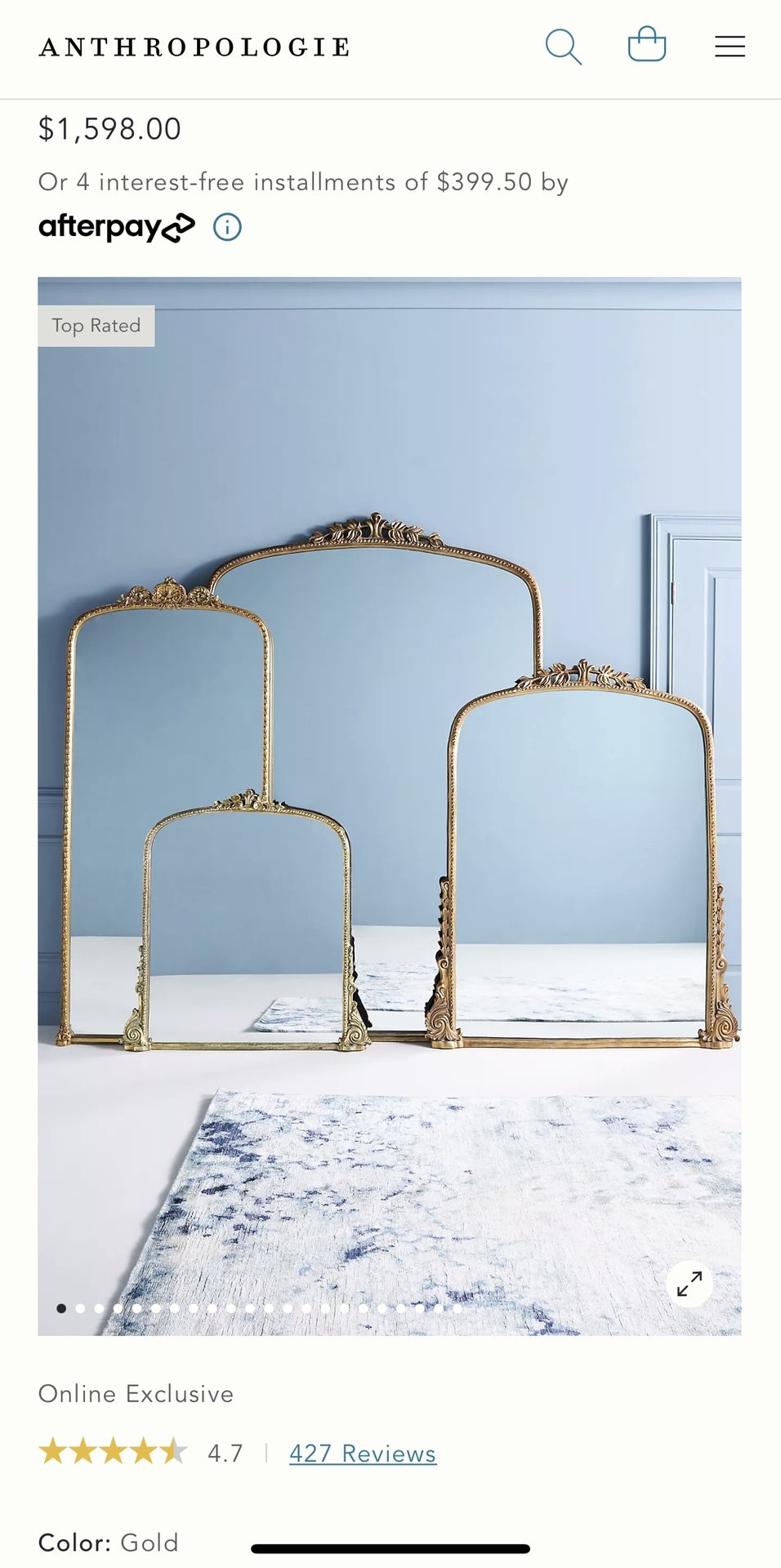 Anthropology Gleaming Primrose Mirror Gold: biggest size - 7’ New - we ordered 2 colors to see which one will match our decor better and waited for a