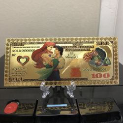 24k Gold Plated Ariel and Prince Eric from Little Mermaid Disney Banknote  