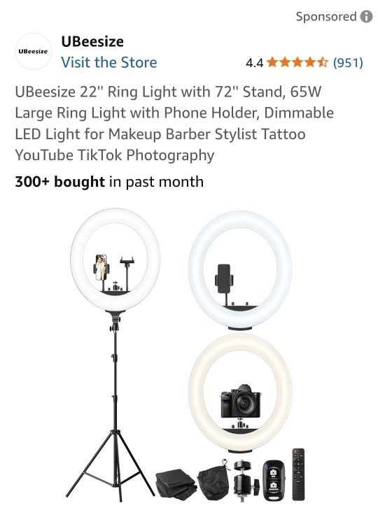 UBeesize 22'' Ring Light with 72'' Stand, 65W Large Ring Light with Phone Holder, Dimmable LED Light