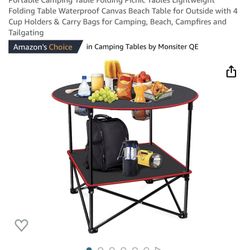 Portable Camping Table Folding Picnic Tables Lightweight Folding Table Waterproof Canvas Beach Table for Outside with 4Cup Holders & Carry Bags for Ca