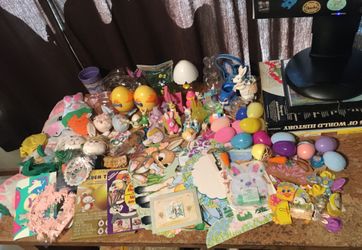 Huge lot of Easter decorations toys ornaments figures figurine snow globe rabbit chick centerpiece honeycombs Easter cling on flag Easter dye kit