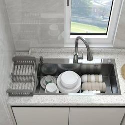 🥨lemontalking 32" x 18" Silver Undermount Kitchen Sink Single Bowl Basin Stainless Steel Kitchen Bar with with Multiple Accessories