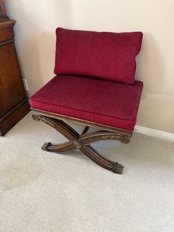 Ethan Allen Carved Wood X-Base Bench Red Cushions
