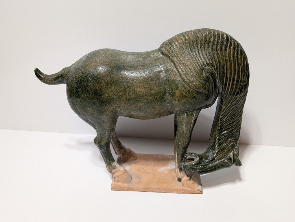 Vintage Green Glazed Pottery Horse Grazing Sculpture with Stylized Mane on Base