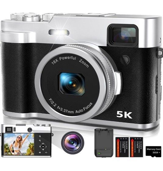 5K Digital Camera for Photography with Front and Rear Lens, Autofocus