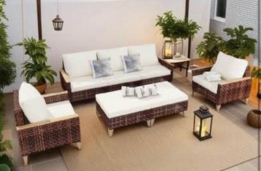 New Assembled Outdoor 7 Pcs Patio Furniture High Footed Hollowed Out Rattan Terrace Furniture Set