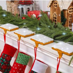 4 Pcs Christmas Stocking Holders for Mantle Heavy Duty Stocking Hanger Resin Snowy Fireplace Hooks Weighted Garland Hanging Hanger for Shelf Staircase