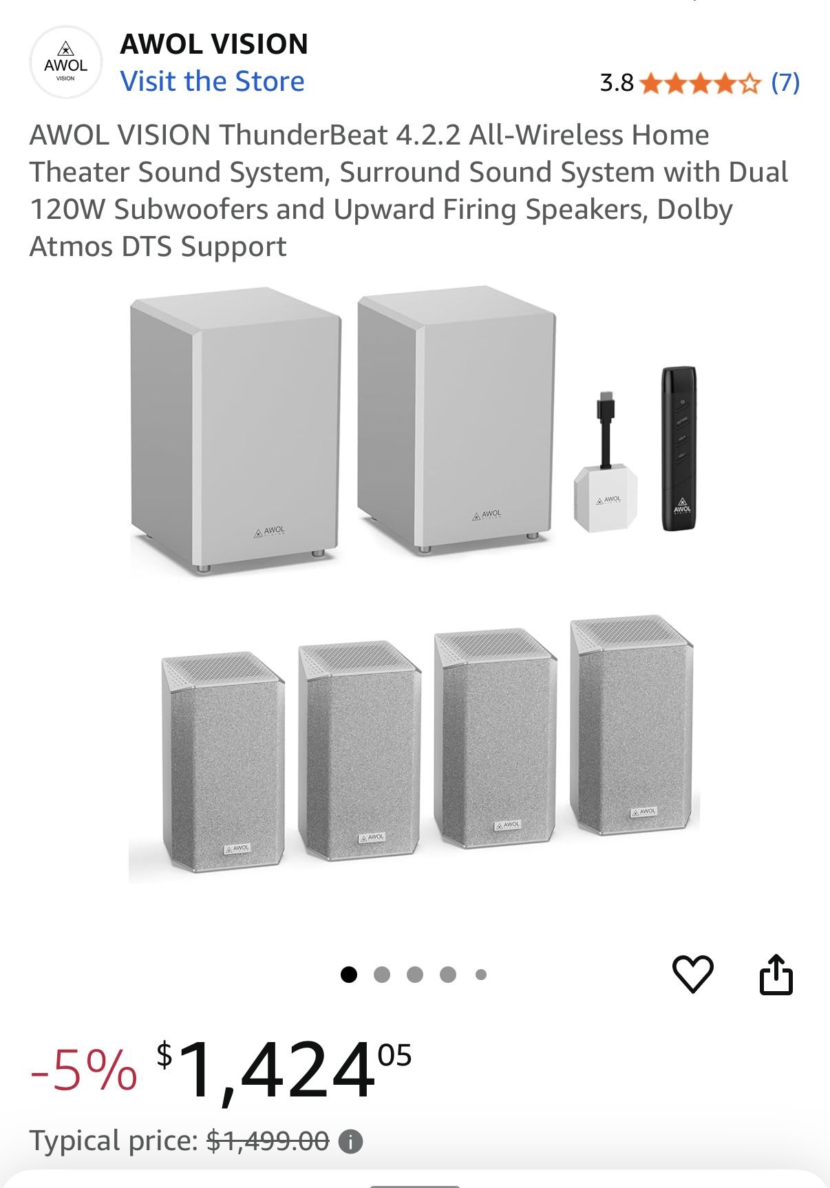 AWOL VISION ThunderBeat 4.2.2 All-Wireless Home Theater Sound System, Surround Sound System with Dual 120W Subwoofers and Upward Firing Speakers