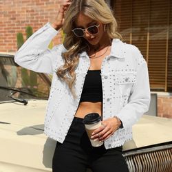 Fashion Long Sleeve Jean Jacket Punk Studded Oversized Denim Jackets