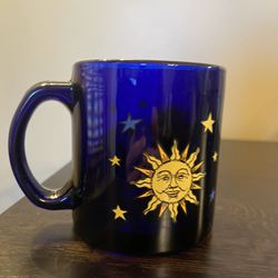 Libbey Vintage CELESTIAL Moon Sun Stars Cobalt Blue Coffee Mug seen on Friends