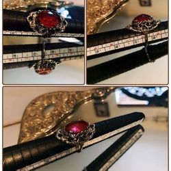 VINTAGE MID CENTURY ART DECO ART NOUVEAU RED PINK RUBY GLASS RHINESTONE CRYSTAL SILVER FILIGREE VICTORIAN ADJUSTABLE QRING