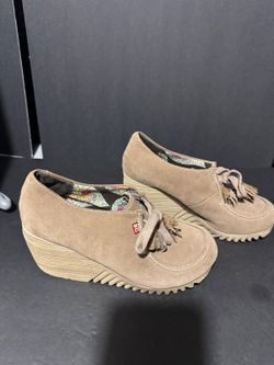 BC Beige Suede Wedge Loafers with Tassel Detail