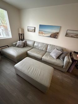 Light Gray Leather Sectional Sofa with Ottoman