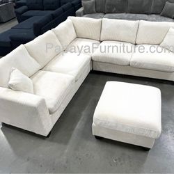 New Ashley Ivory Sectional And Ottoman, Plush Sectional, Couch, Sofa, Corduroy Sectional Couch, Sectionals, Beige Sofa, Ivory Couch, Living Room Sofa