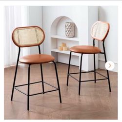 Rattan Counter Height Bar Stools With Faux Leather Seat (set of 2)