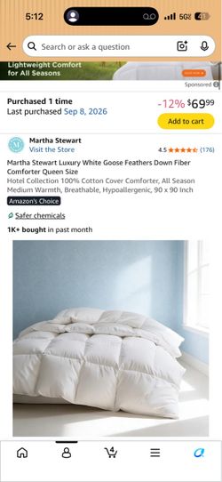 Martha Stewart Luxury White Goose Feathers Down Fiber Comforter Queen Size Hotel Collection 100% Cotton Cover Comforter, All Season Medium Warmth, Bre