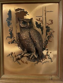 John Louw 3D Art Copper Raised Owl Relief Framed Wall