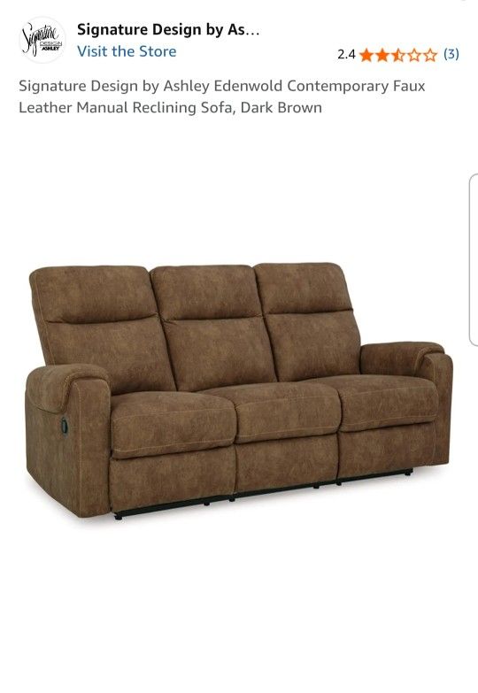 Signature Design by Ashley Edenwold Contemporary Faux Leather Manual Reclining Sofa, Dark Brown
