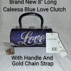 Brand New With Tags Caleesa Blue Love Studded Bling Clutch With Gold Chain Strap