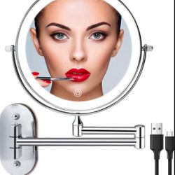 Rechargeable Wall Mounted Lighted Makeup Vanity Mirror 8 Inch Double Sided 1X 10X Magnifying Bathroom Mirror, 3 Color Lighting, Touch Screen Dimming, 