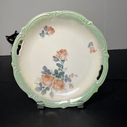 P.K. Silesia Antique 1920s Green Rose Floral Porcelain Round Plate Handles 9.5"