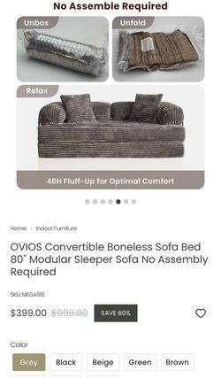 Convertible boneless sofa bed