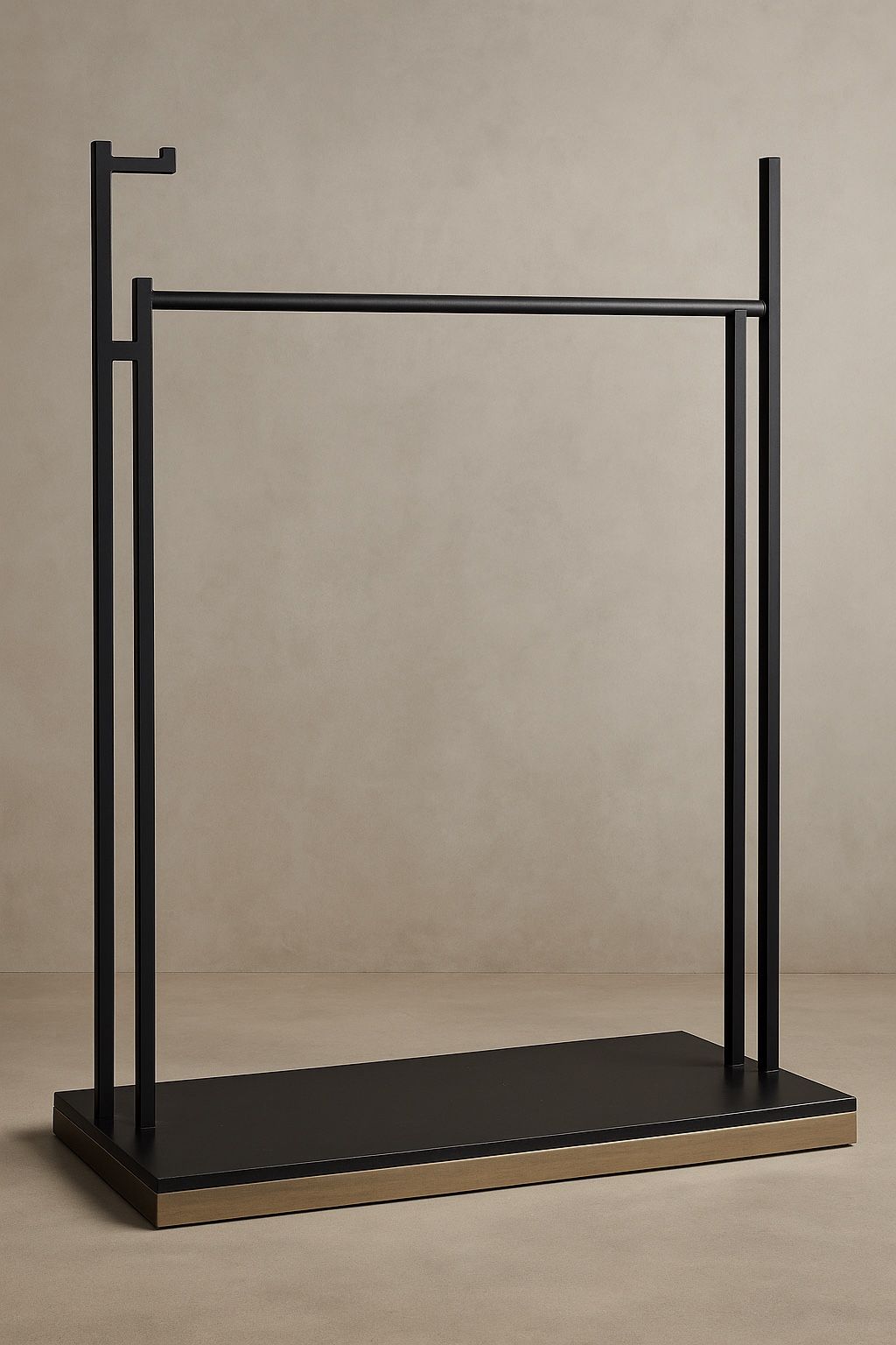 Adjustable Retail Clothing Display Rack – 42”–62” Height, Black Metal Frame with Wooden Base & Wheels