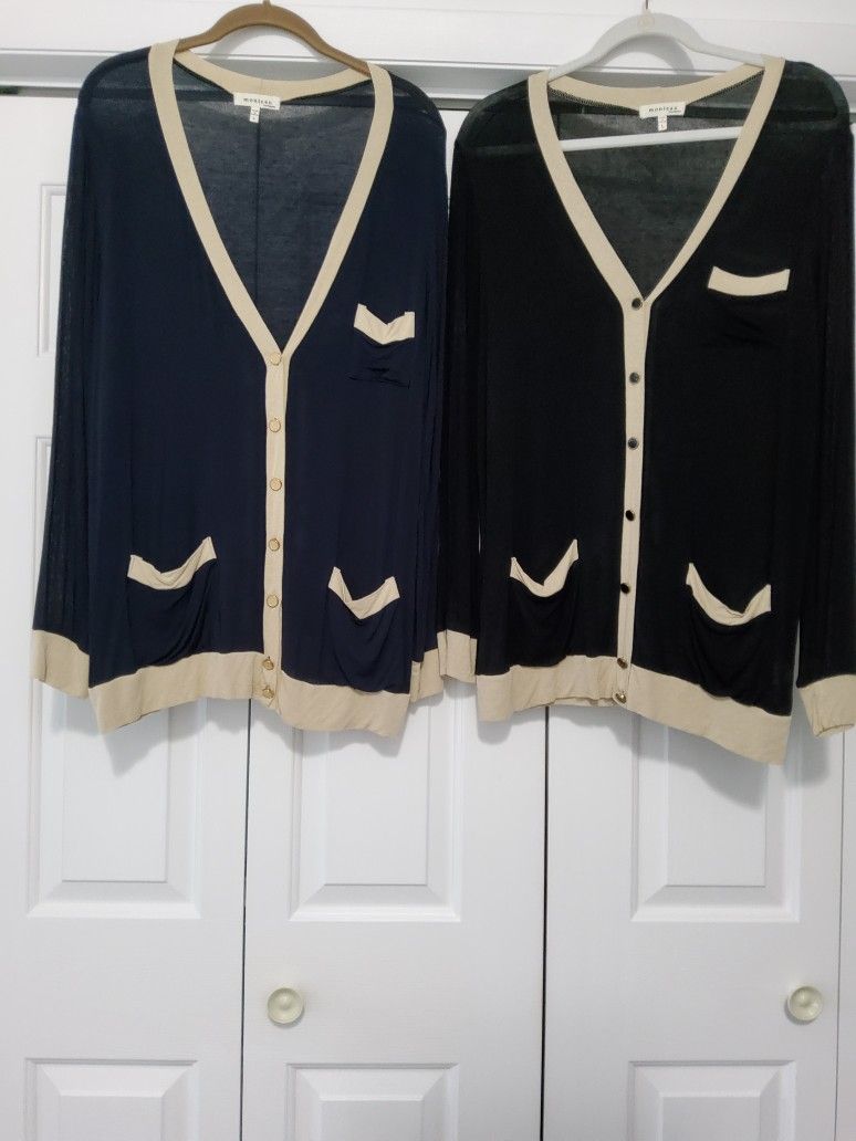 Monteau navy or black cardigan with tan trim/size large/$8 EACH