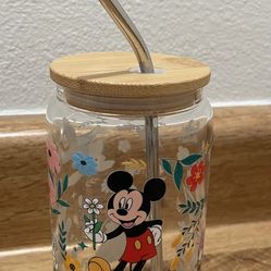Disney Mickey and Friends Glass Cup W/ Metal Straw