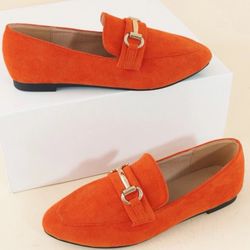 Women's Orange Forward-looking Plain Loafers With Metallic Detailing, Faux Suede Upper And Flat Heels