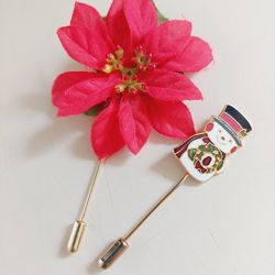 2.5" Snowman and 3.5" Poinsettia Gold Toned Dress Shirt Lapel Stick Pins. No markings. Pre-owned in excellent condition. Makes a great holiday Christm