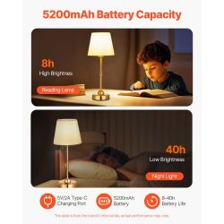 Cordless Table Lamp, 5200mAh Built-in Rechargeable Battery Desk Lamp, 3-Level Brightness, Fabric Shade, 2K Color Temperature, Table Light for