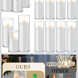 36 PCS White Pillar Candles with Glass Candle Holders Clear Hurricane Candle Holders Glass Cylinder Vases for Centerpieces Wedding Party, Event, Home 