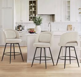 Set Of 3 LUE BONA 26''H Swivel Bar Stools , Counter Height Bar Stools with Backs, Lumbar Pillow and Black Metal Frames, Upholstered Modern Barstools f