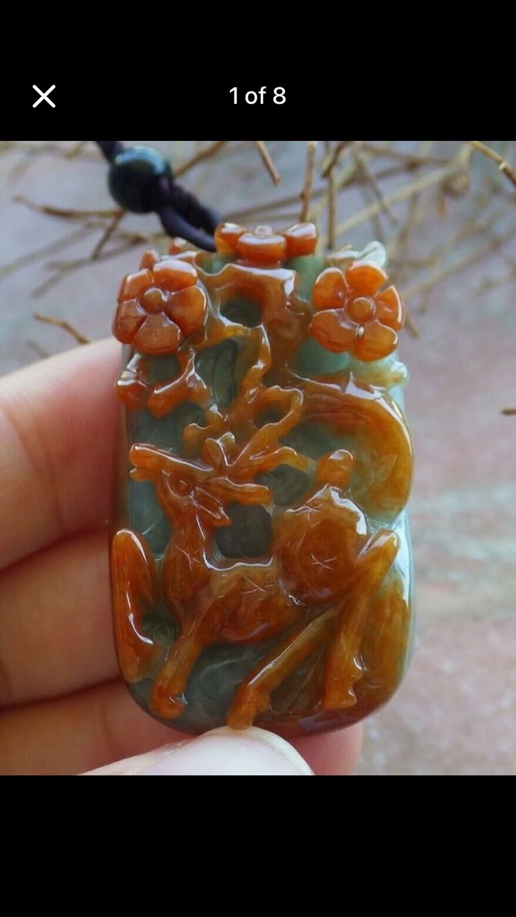 Certificate Jadeite good fortune Deer jade Myanmar Burmese Hand Carved red flower sika pendant  