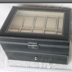 Elegant black leather 12 slot men's watch organizer. With jewelry display drawer lockable watch case