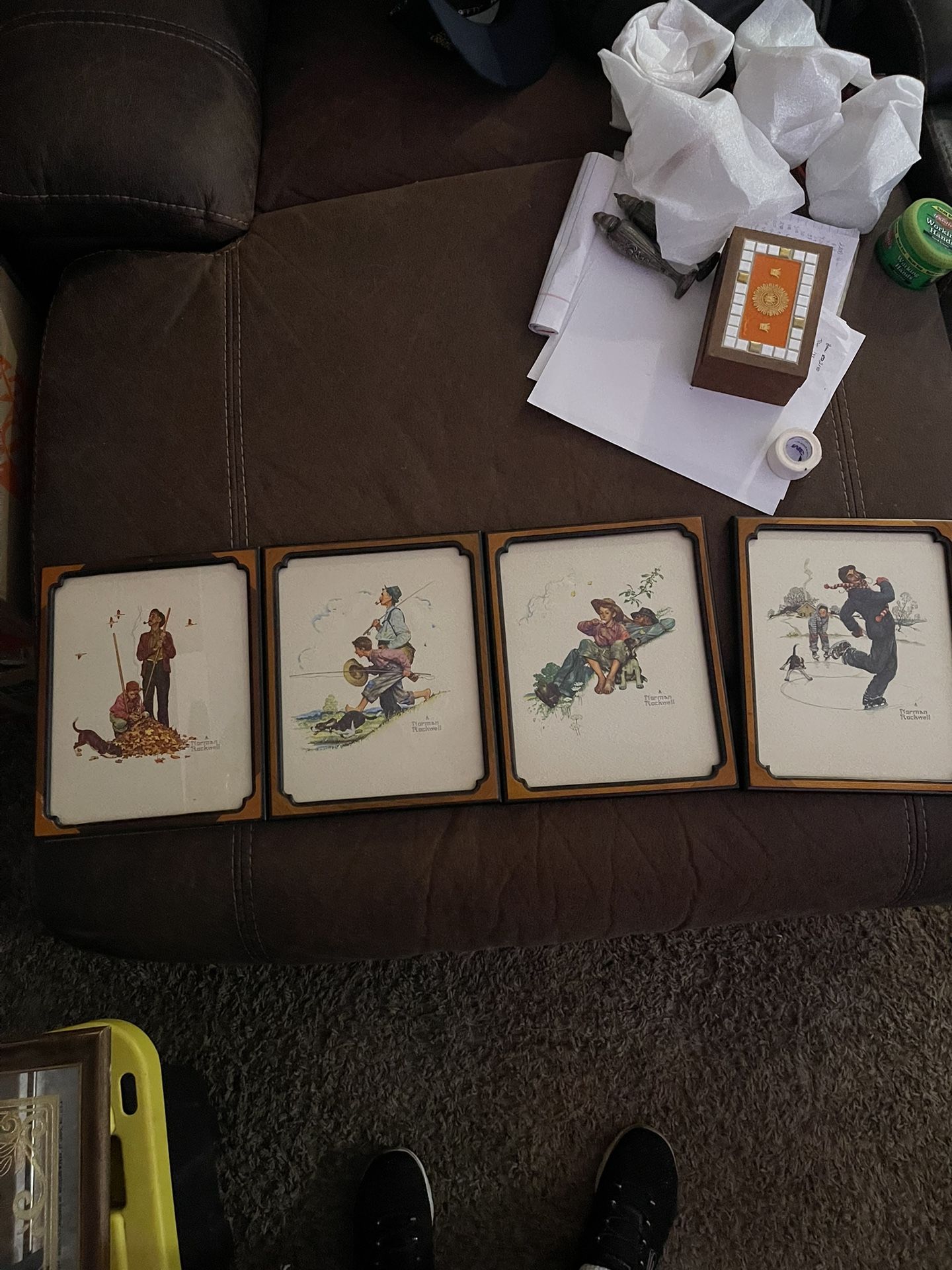 Set of 4 Norman Rockwell "Grandpa & Me" Four Seasons Embossed Prints Framed 8x10