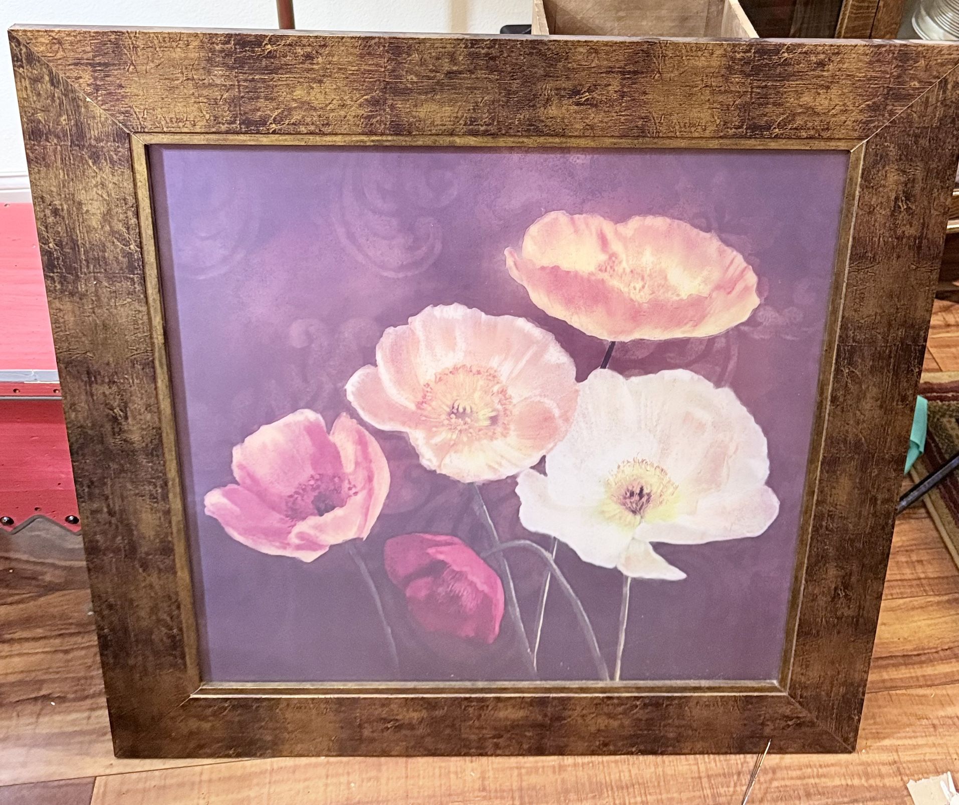 Large Framed Floral Wall Art – 2010 Decorator Print – 34x34