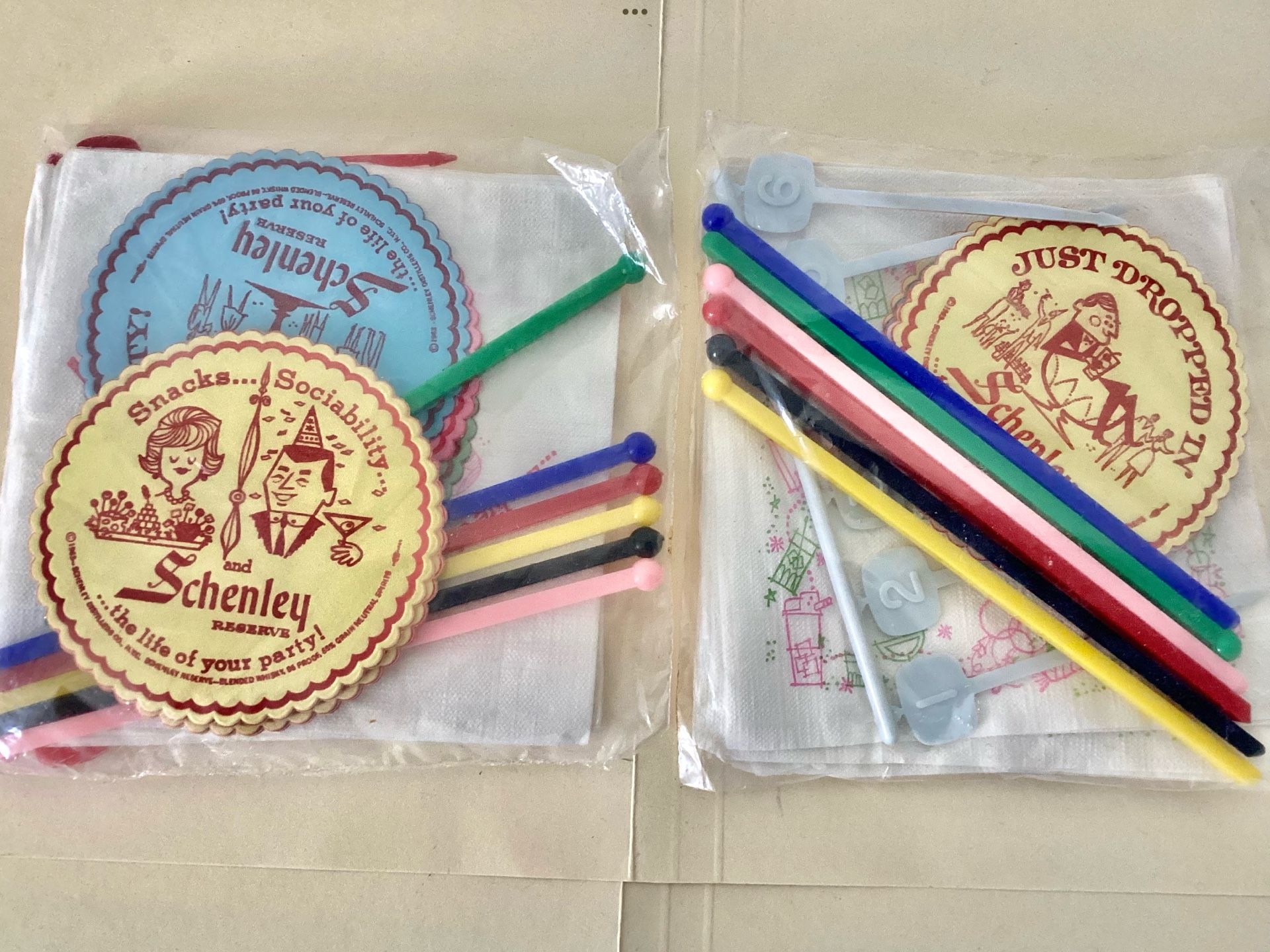 Vtg. 1963 Schenley Reserve Whiskey Barware Advertising Cocktail Set Napkins, Swizzle Sticks, Coasters etc.