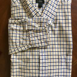 Like new men's JCrew orange and blue plaid long sleeve button down shirt. Size large.
