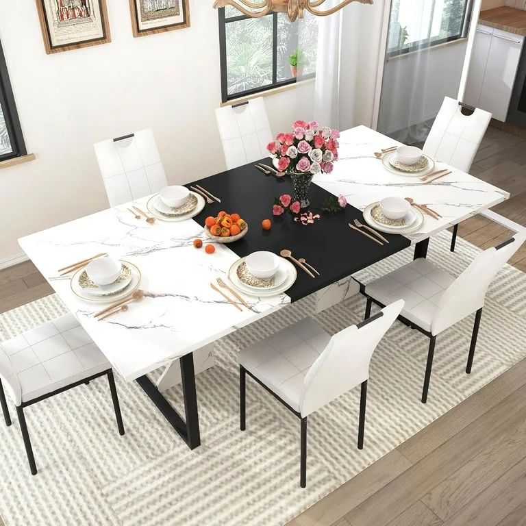 7 Pcs Dining Table Set for 4-6 People with Chairs,71" Kitchen Dinner Table W/Waterpoof Wooden Tabletop,6 PCS Upholstered PU Chairs,Rectangular
