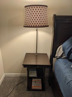 Walnut Color Nightstand (w/ Lamp & Ports)