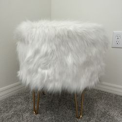 Ottoman - White Faux Fur w/ Gold Pin Legs