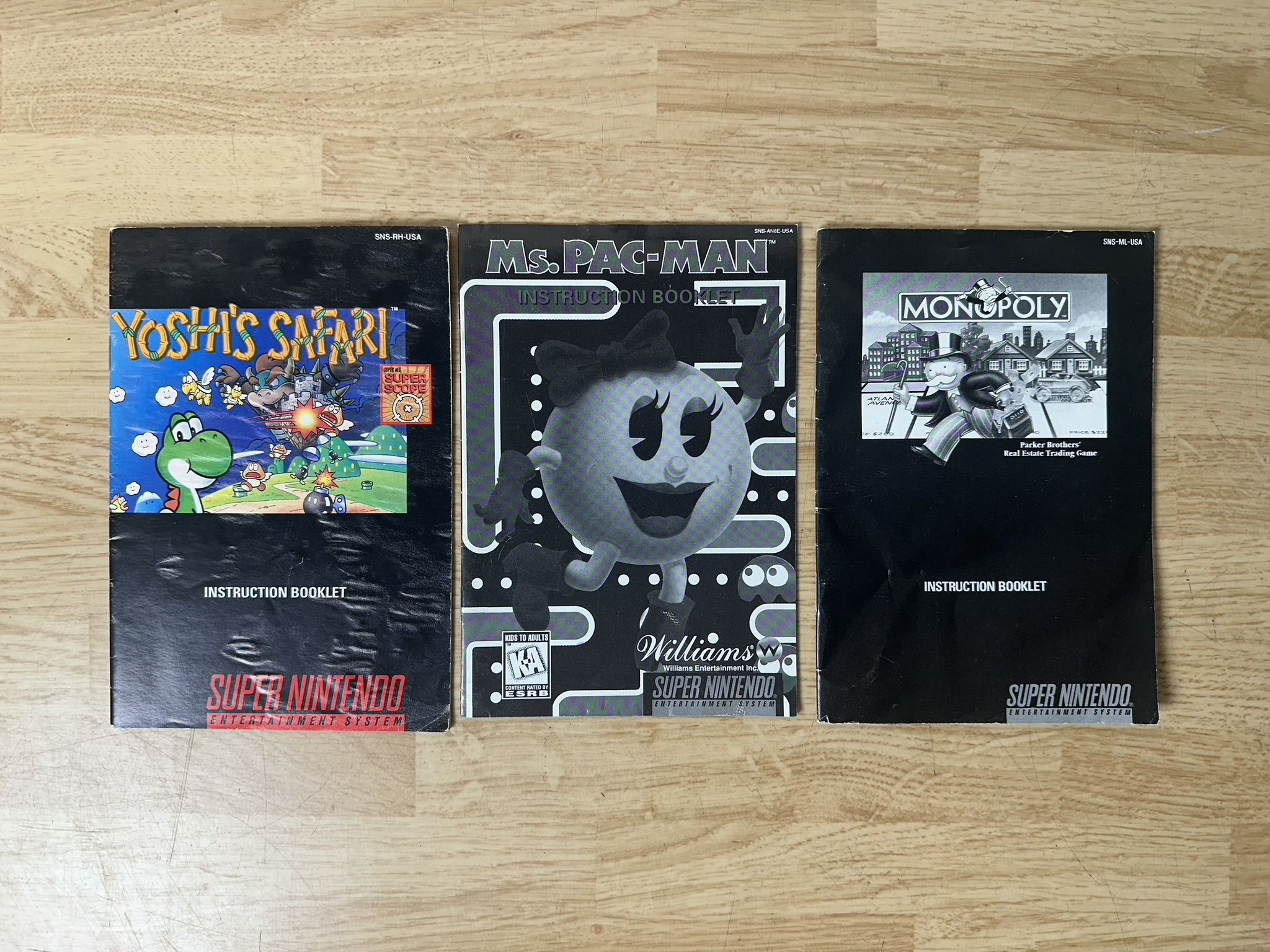 LOT OF 3 - SUPER NINTENDO - SNES INSTRUCTION MANUALS 1. YOSHI'S SAFARI 2. MS. PAC-MAN 3. MONOPOLY