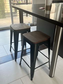 Set of 4 Industrial Bar Stools – Metal & Wood – 24” Height
