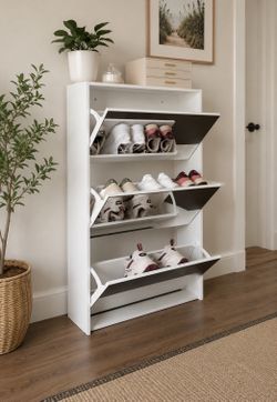 Entryway slim shoe cabinet with 3 mirrored flip drawers